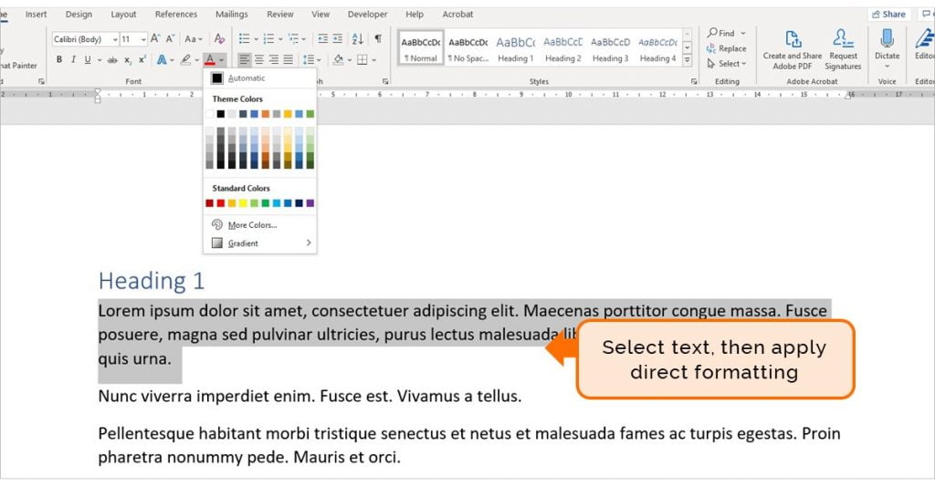 Microsoft Word document with text selected, and instruction about how to apply direct formatting.