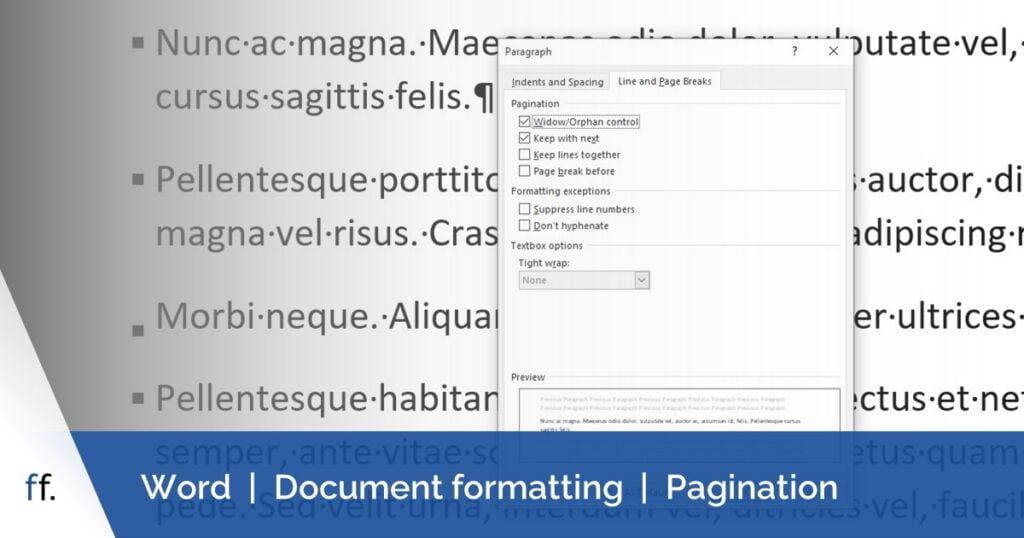 Microsoft Word paragraph dialogue box. Deselect options in this dialogue box to stop Word moving a paragraph to the next page.