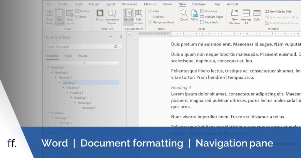 Navigation pane showing headings in a Word document. Use the Navigation pane in Word to quickly move around your document.