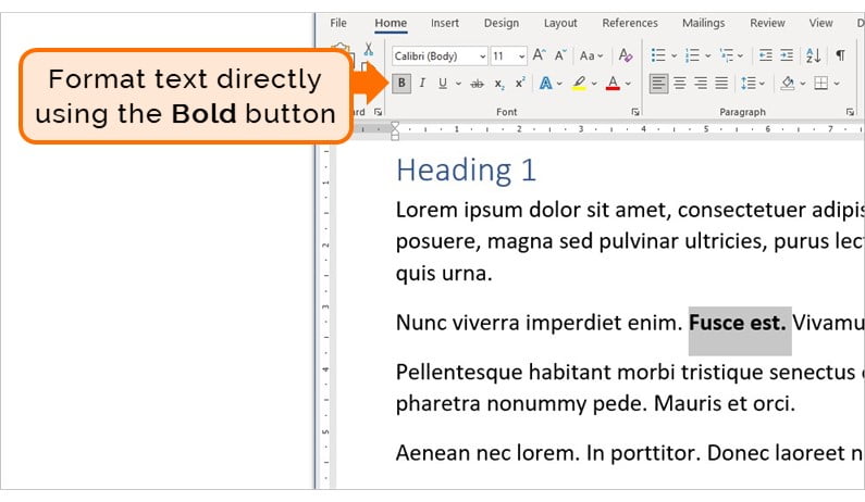 Word document – arrow shows where the Bold button is found on the ribbon. This button is used to bold text in Microsoft Word.