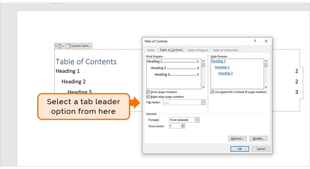 Word’s Table of Contents dialogue box. Instructional text shows how to insert tab leaders in an automatic table of contents.