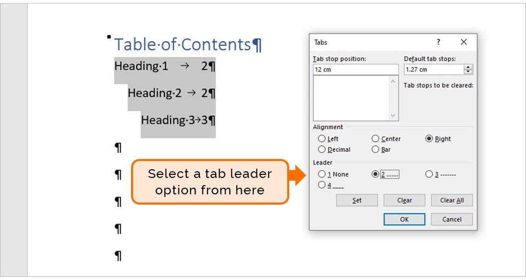 Word’s Tabs dialogue box. Instructional text shows how to insert tab leaders in a table of contents you’ve typed.