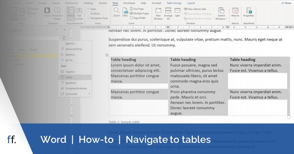 Document with Navigation pane open and Tables search criteria selected. The pane is used here to navigate to tables in Word.