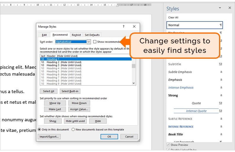 Word’s Manage Styles dialogue box. Instructional text shows the settings to change to easily find styles.