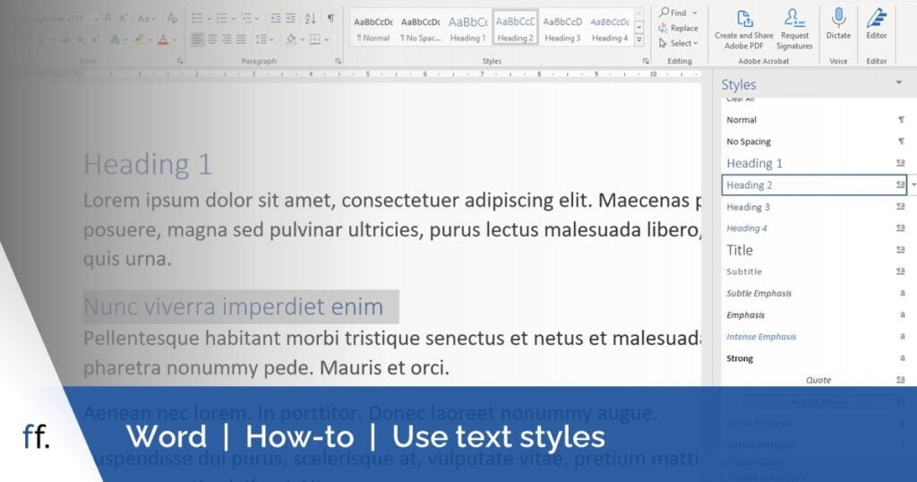 Word document with Styles task pane open. The pane is the best way to apply styles in Word (when using text styles).