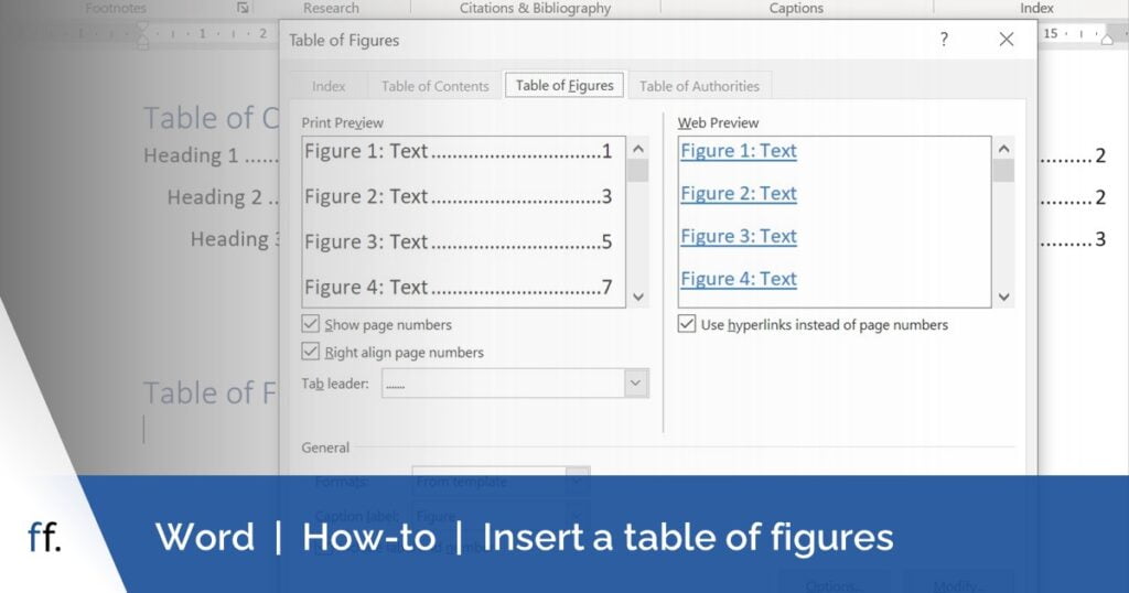 Table of figures dialogue box open in a Word document. The dialogue box is used to insert a table of figures in Word.