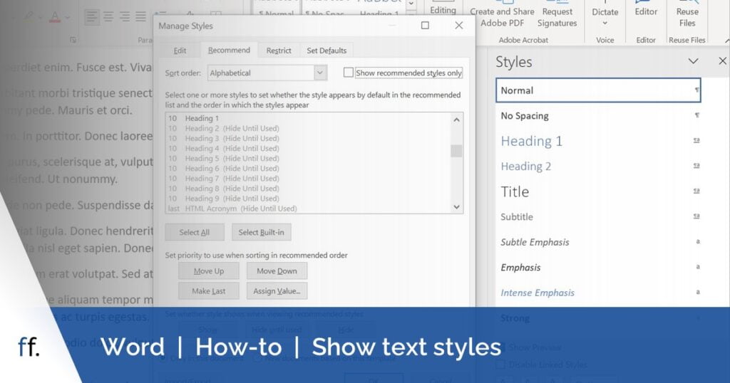 Word Manage Styles dialogue box. This is accessed via the Styles task pane and allows you to show or hide text styles.